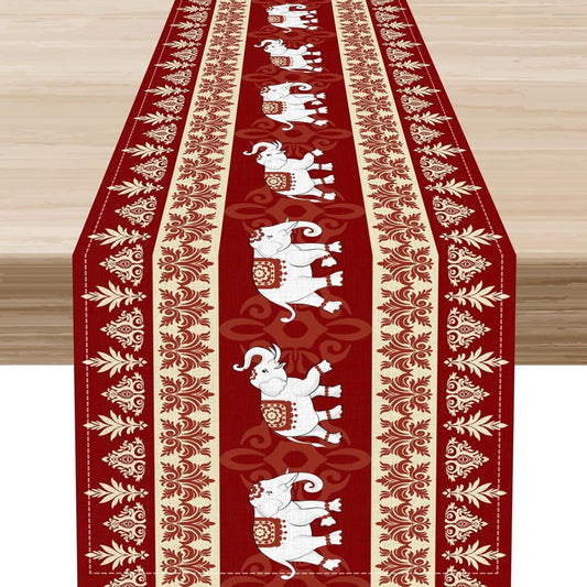 Boho Elephant Table Runner, Vintage Tribal Traditional African Animals Ethnic Folk Red Table Center Decor for Home Kitchen Dining Patio Holiday Party Indoor Outdoor Table Decorations, 13"x90" Inch
