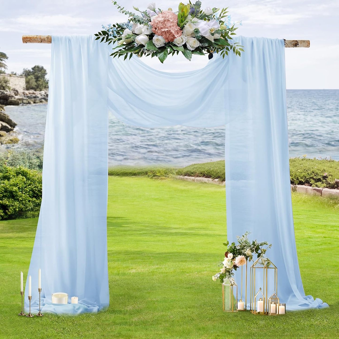 SiinvdaBZX 2 Panels Wedding Arch Draping Fabric 30" x 20Ft Light Blue Sheer Chiffon Fabric Outdoor Extra Long Decorative Drapery for Party Ceremony Ceiling Curtain Backdrop
