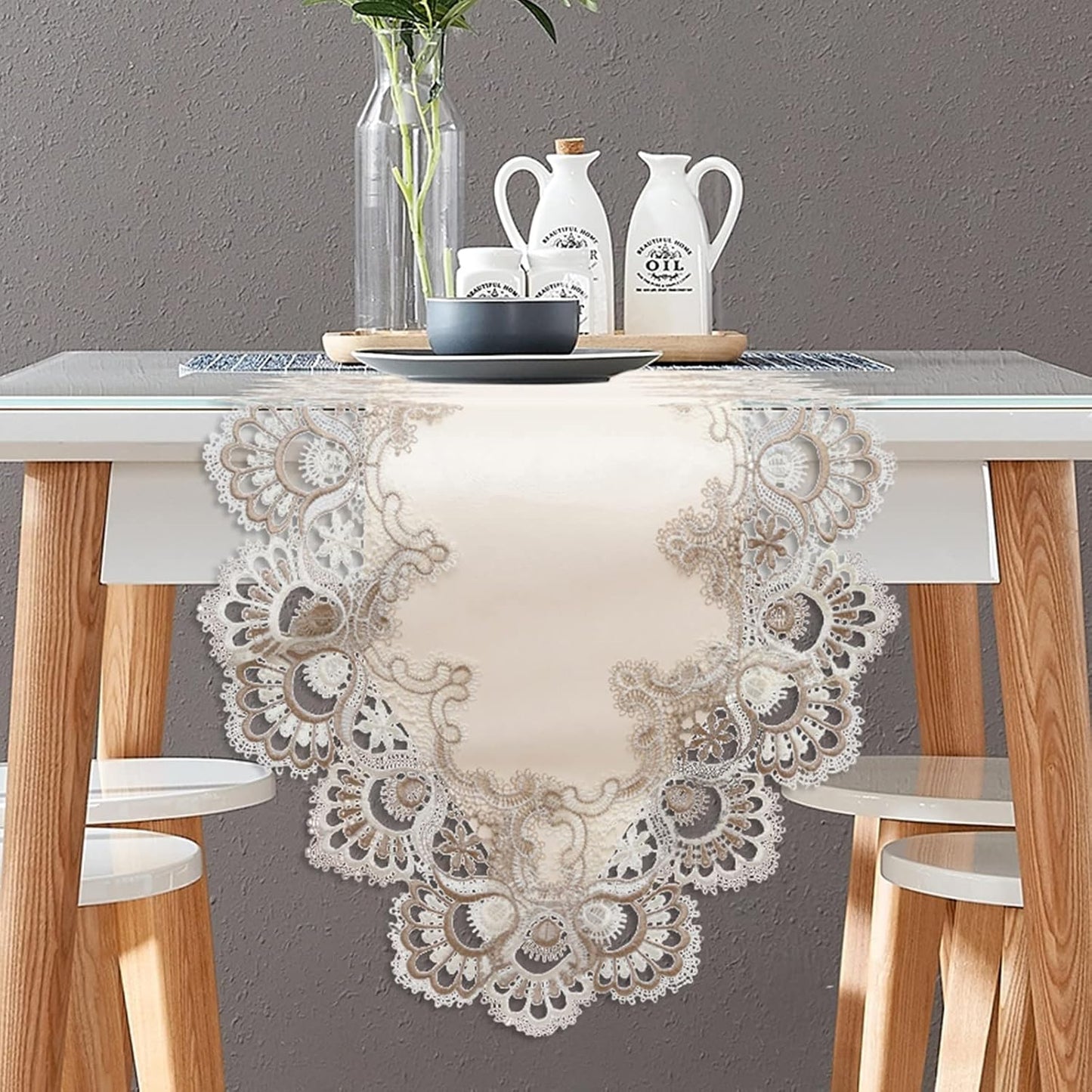 Vintage Lace Dining Table Runner, 120 Inches Floral Coffee Table Runners for Kitchen Home Christmas Party Decorations (16x120 inch, Off White)