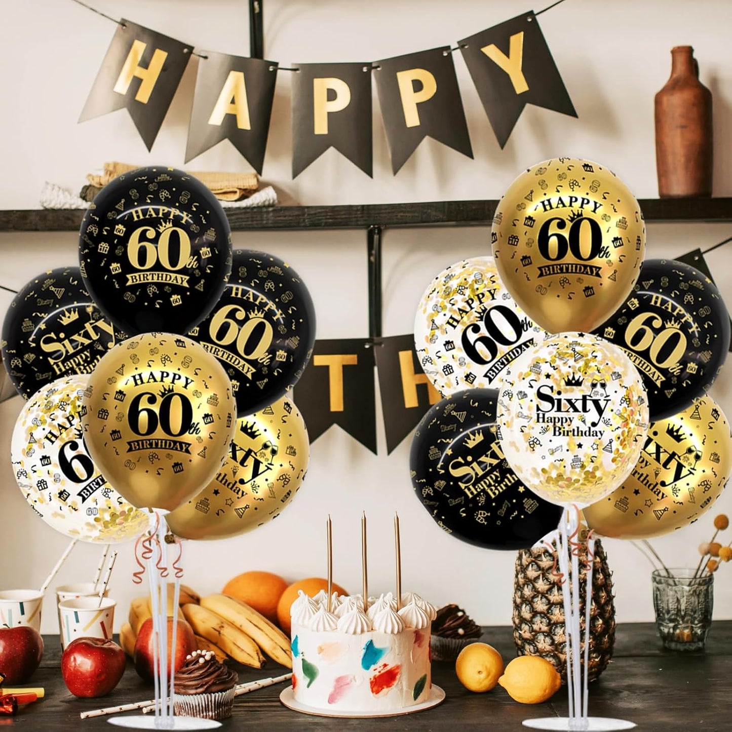 TONIFUL 4 Set Black Gold Balloon Stand Kit for Birthday Decorations for 60th,Balloon Centerpieces for Table Party Decorations Cheers to 60 Years Old Birthday for Men and Women