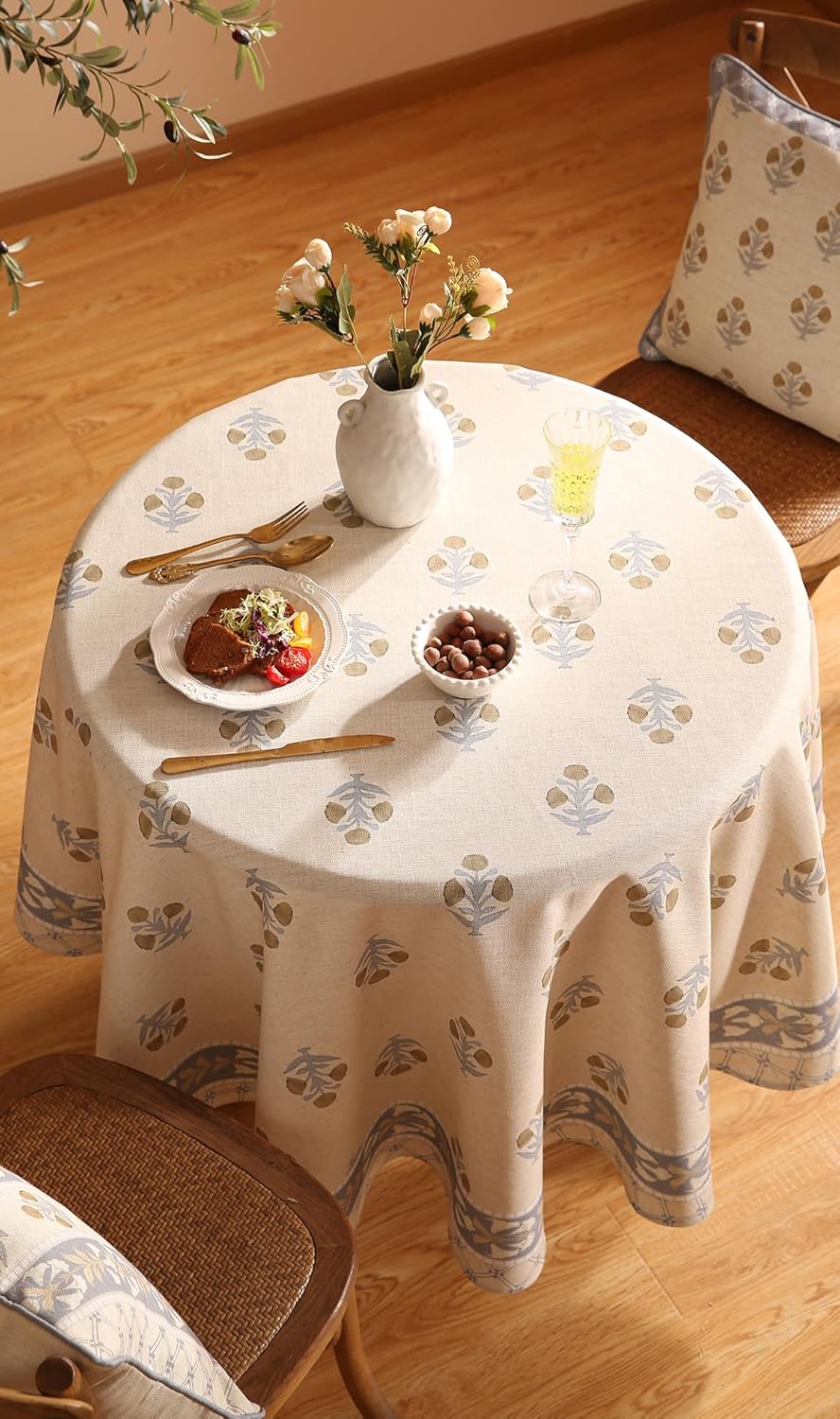 patdrea Designer Beige Round Tablecloth,Vintage Linen Yellow Floral Pattern Table Cloth,Decoration Table Cover for Kitchen Dining Christmas,Tea Party,Thanksgiving,Diameter 67"-Istana a