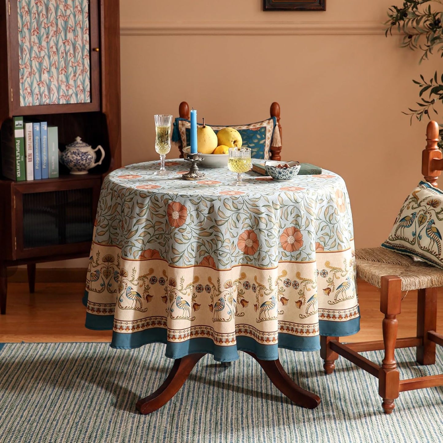 patdrea Designer French Linen Blue Round Table Cloth,Vintage Floral Tablecloth,Colorful Decoration Fall Table Cover Kitchen Dining for Tea Party,Thanksgiving,Christmas,Diameter 55"-Wensel