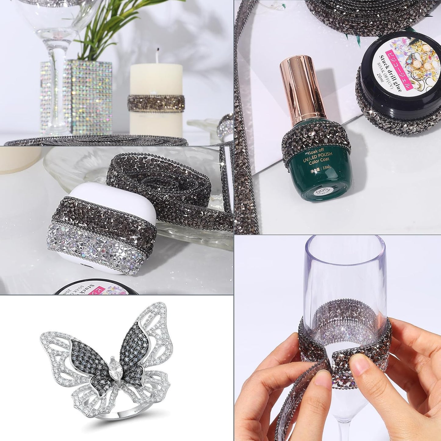 Rhinestone Ribbon 3 Yards Self Adhesive Rhinestone Strips Diamond Ribbon Sticker Crystal Roll Glitter Bling Rhinestones Tape for Crafting DIY Art Decoration (Jet Hematite,0.6 Inch)