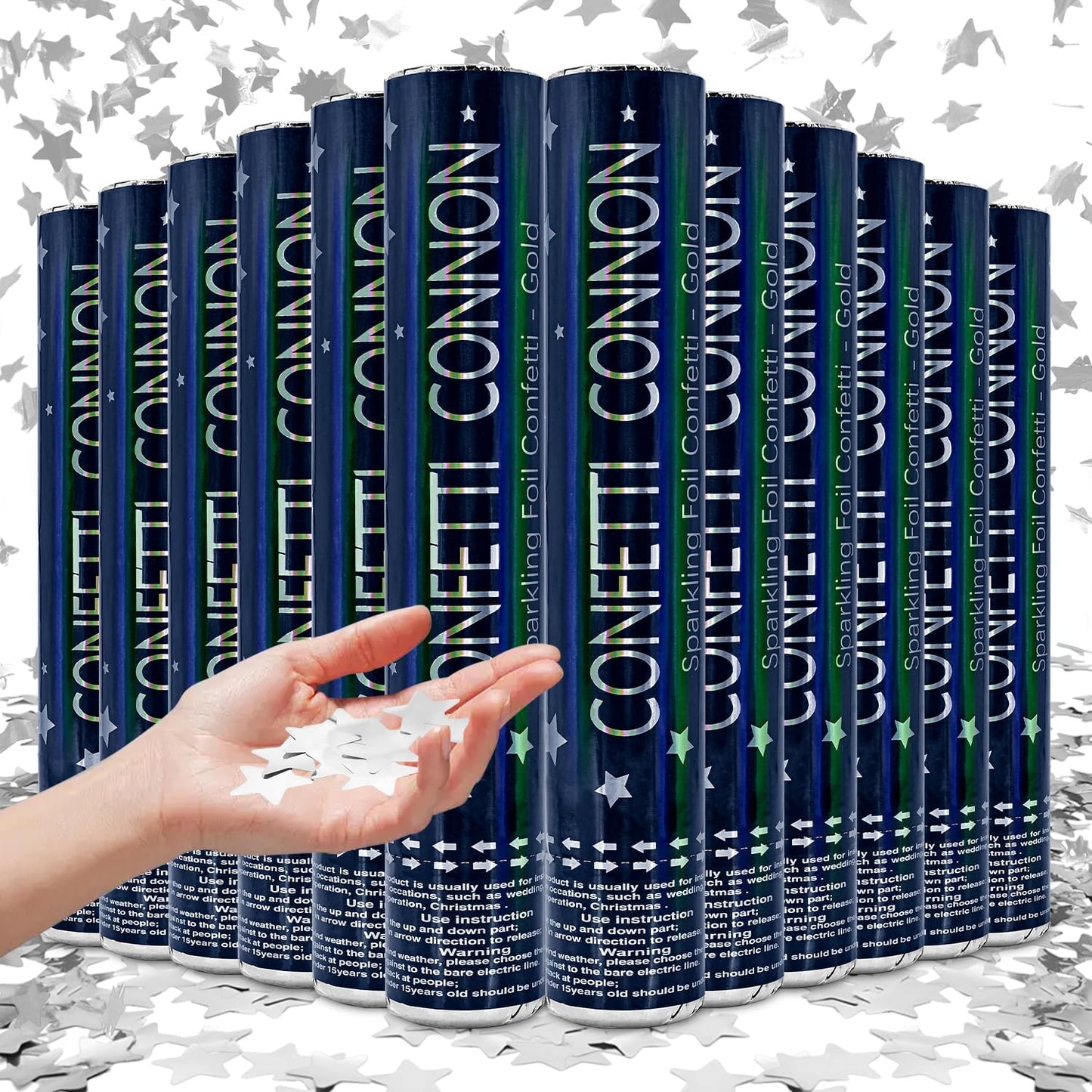 Confetti Cannon Sliver 12Pack Confetti Poppers 12Inch Confetti Party Poppers with Silver Star Confetti Bulk Streamer Blaster Shooter for New Year Christmas Birthdays,Weddings,Graduation Decorations