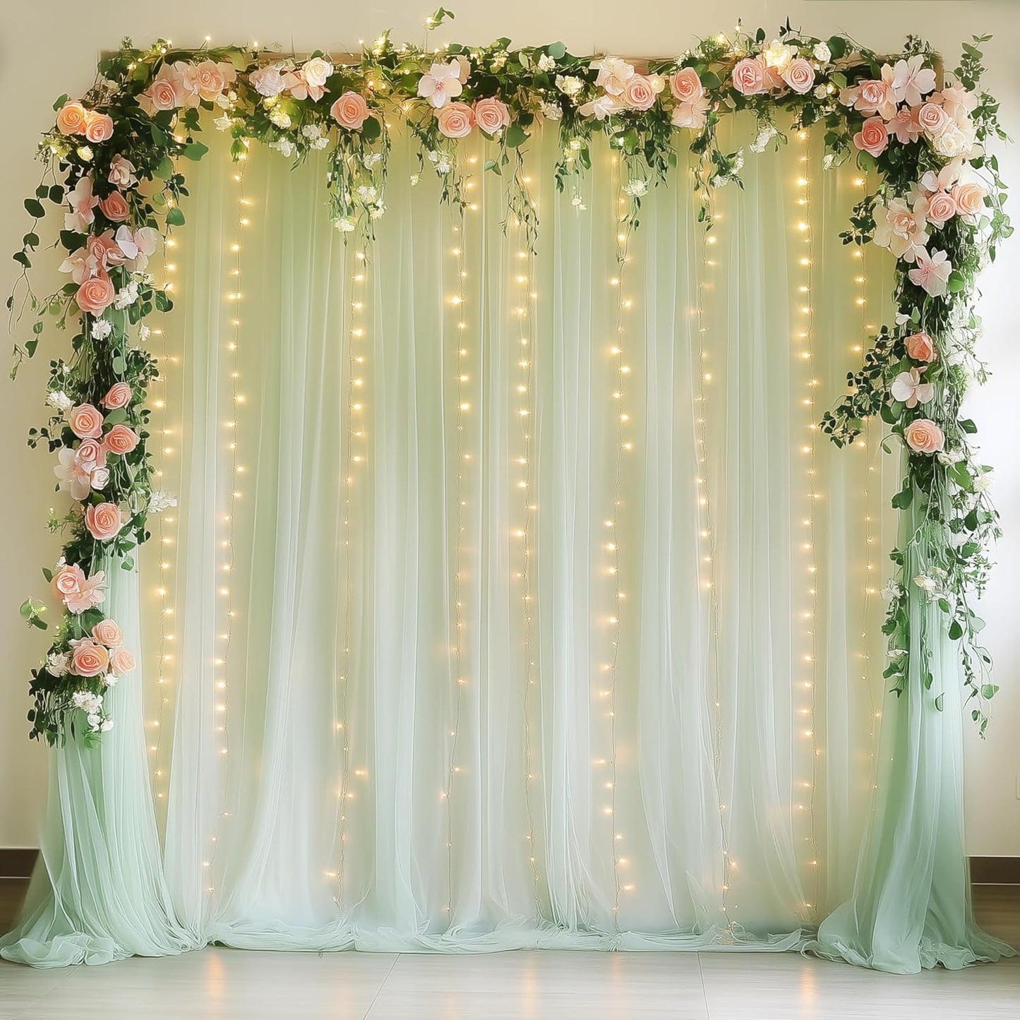 Tulle Backdrop Curtain with Lights String 10FT X 8FT Sage Green Sheer Tulle Backdrop Curtains for Wedding Birthday Party Reception Photo Booth Background Decorations (2 Panels 5x8FT)