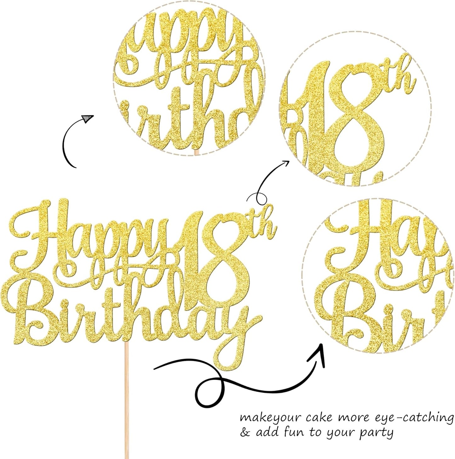 1 PCS Happy 18th Birthday Cake Topper Gold Glitter Cheers to 18 Years Birthday Cake Pick 18 Fabulous Cake Decoration for Happy 18th Birthday Theme Party Decorations Supplies