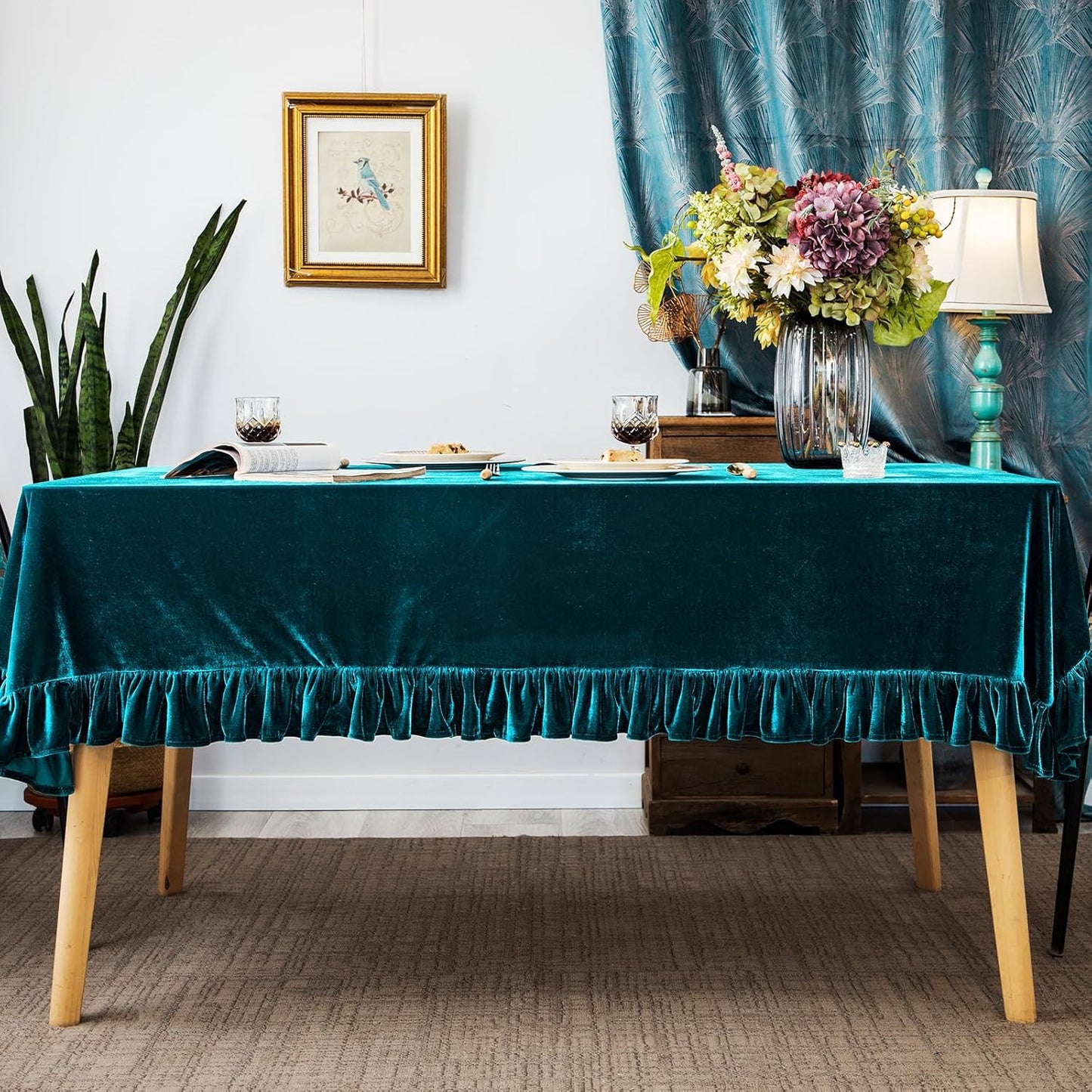 Velvet Tablecloth Luxurious Solid Rectangle Table Cloth,Oblong Retro Farmhouse Ruffle Tablecloths Washable Table Cover for Party Wedding Baby Shower Kitchen Dinning Tabletop Decoration