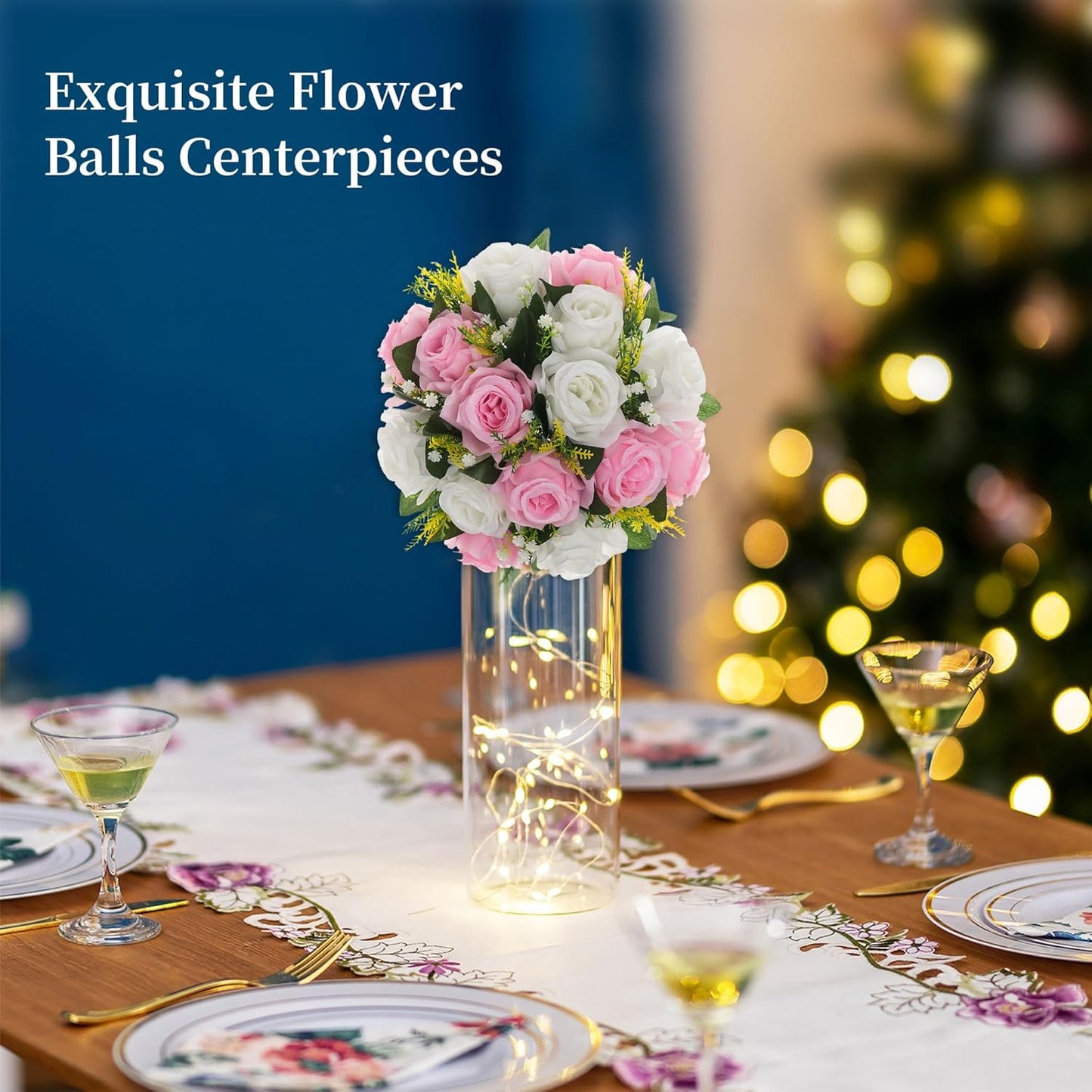 BLOSMON Flower Balls Rose Centerpieces: 10 Pcs Pink White Fake Flowers Kissing Balls Decor Artificial Wedding Floral Arrangements Silk Flower Bouquet with Base Home Party Room Table DIY Decorations