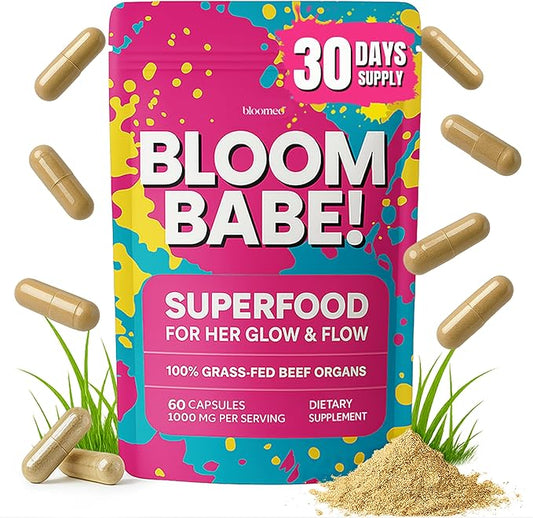 Beef Organ Supplement for Women | 100% Grass Fed Beef Liver Capsules with Heart, Kidney & Reproductive Organs | Primal Hormone Balance & Ancestral Energy | Bloom Babe - Queen of Superfoods, 60ct