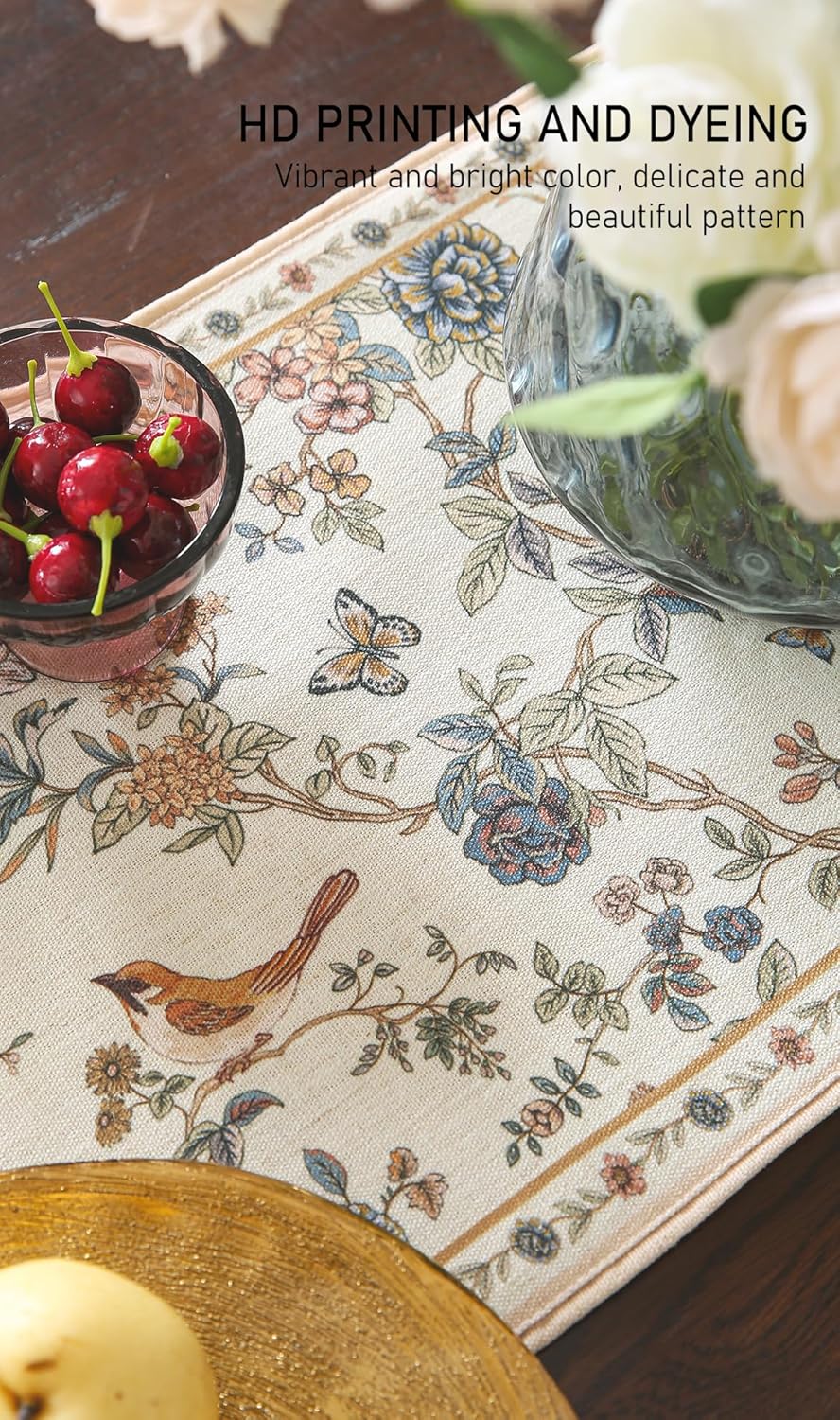 ISAENNE Designer Linen Table Runner 87 Inches Long,Elegant Floral Bird Pattern Table Runners for Dining Room,Farmhouse Rustic Kitchen Decor,Thanksgiving,Christmas,12"*87"-Cornucopia