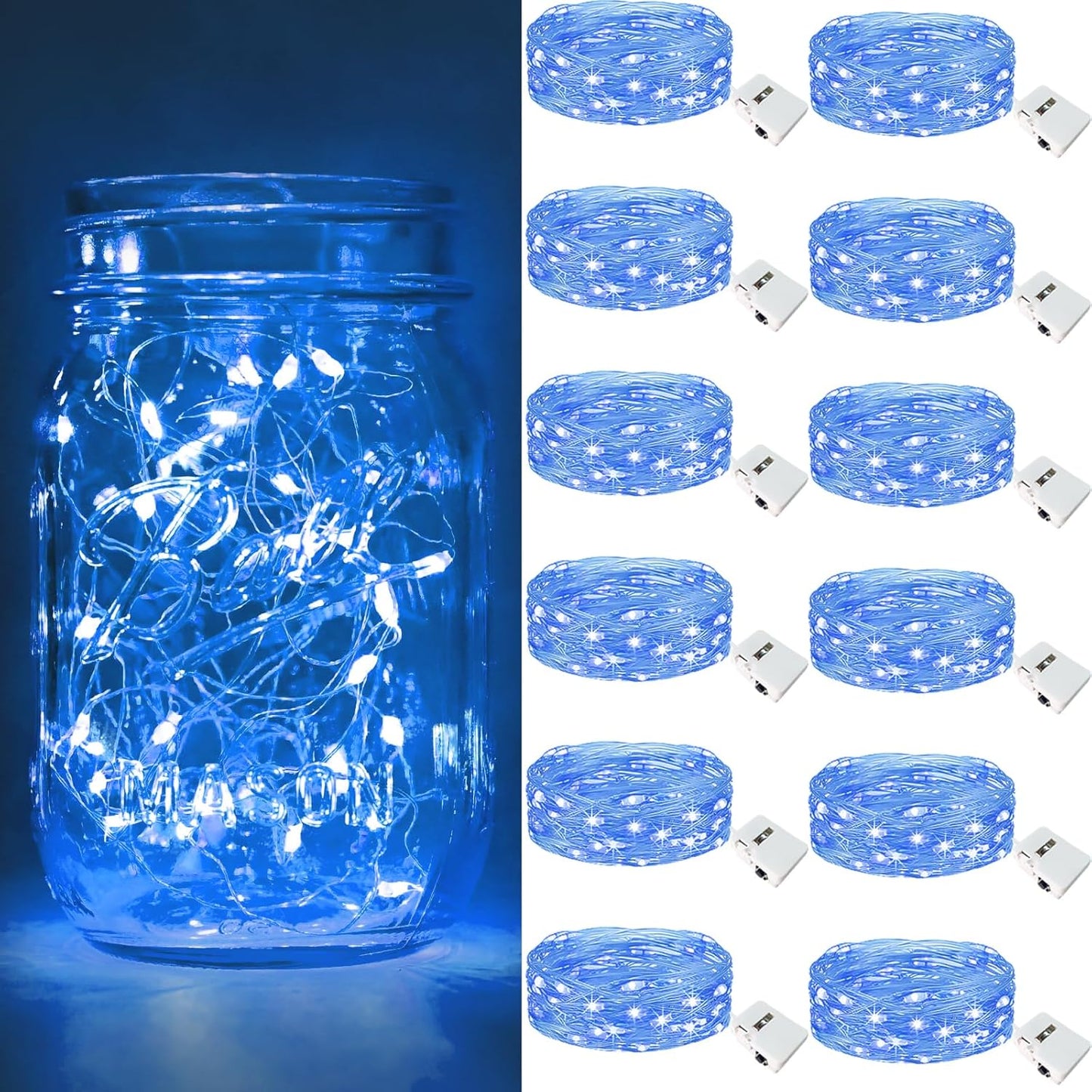 btfarm 12 Pack Fairy Lights Battery Operated [3 Modes], 7ft 20 Led Twinkle Lights String Lights Waterproof Bulk Small Mini Silver Wire for Mason Jars Vases Wedding Table Centerpiece, Blue