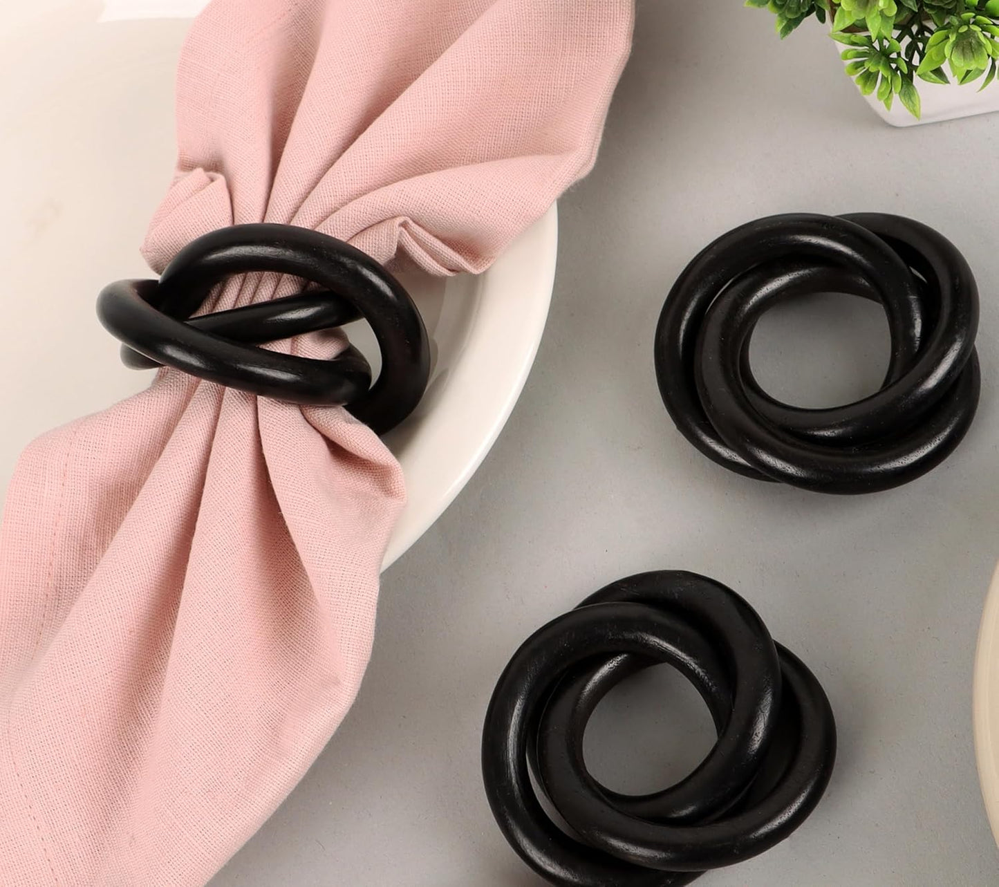 Three Ring Wooden Napkin Rings Set of 12 - Acacia Wood Interlocked Napkin Holder Cuffs for Dinner Table Décor - Rustic Modern Serviette Rings for Weddings, Parties, Receptions (Black) - CLEENTABLE