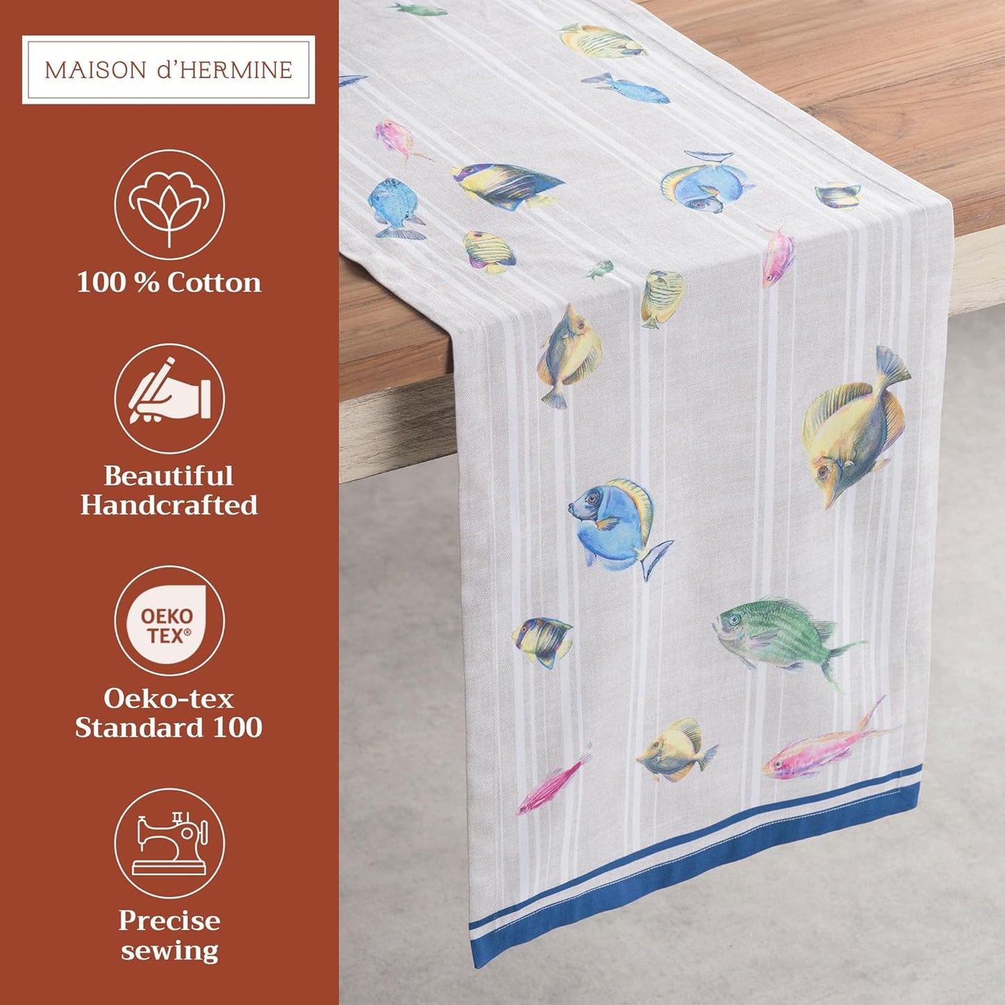 Maison d' Hermine Table Runner 100% Cotton Double Layer Table Runners 72 inches Long Decorative for Home Kitchen Dining Party Baby Shower Wedding Bridal Shower Spring Summer (Poisson, 14.50" x 72")