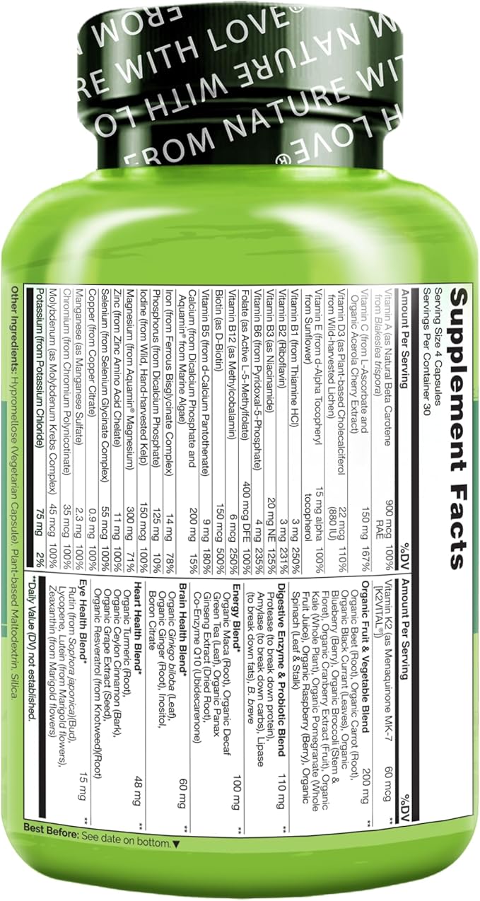 NATURELO Whole Food Multivitamin for Women - with Vitamins, Minerals, & Organic Extracts - Supplement for Energy and Heart Health - Non GMO - 120 Vegan Capsules