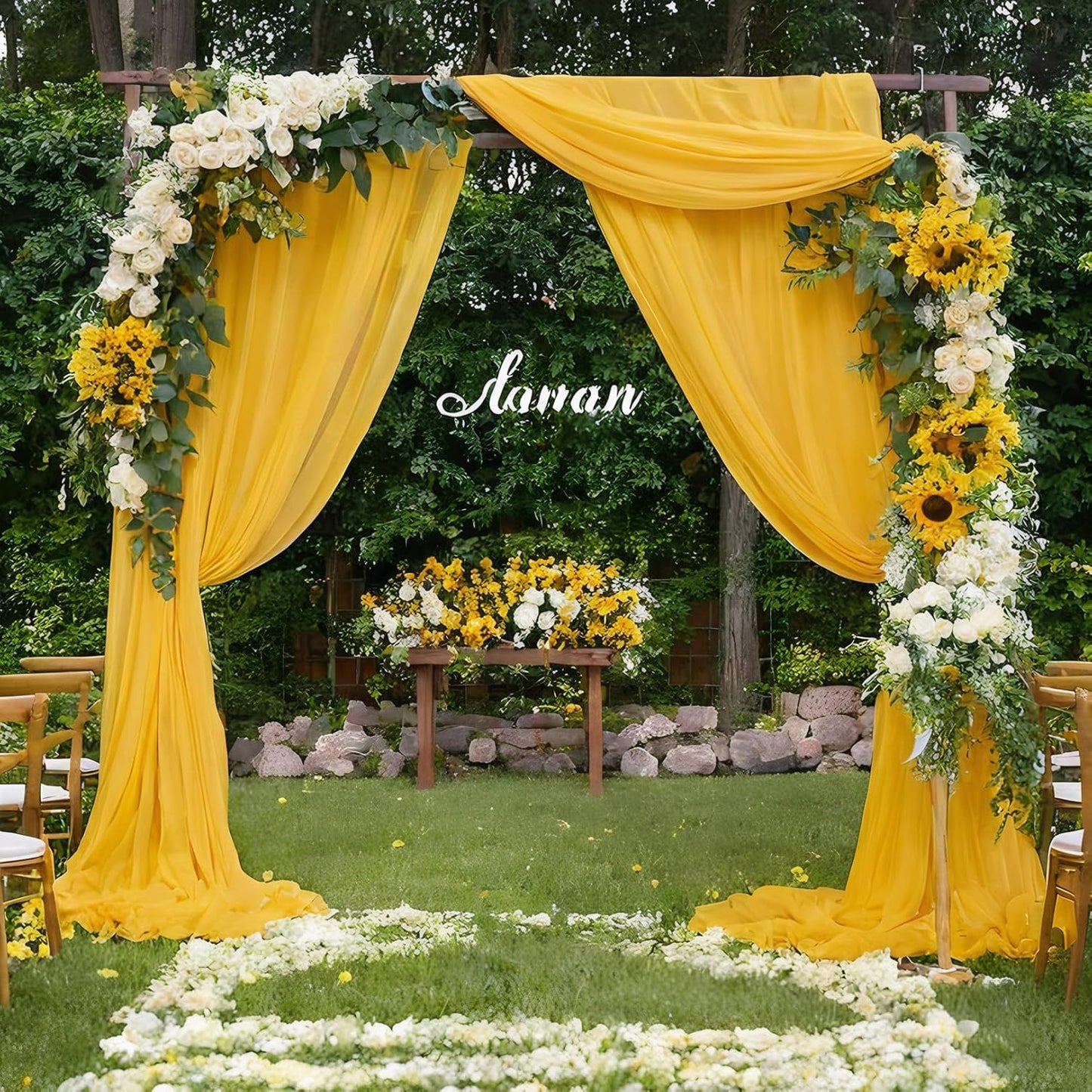 DUOBAO Chiffon Ceiling Drapes 20FT 6 Panels Gold Sheer Wedding Backdrop Curtains for Indoor Events Banquet Hall Tent Drapery Soft Draping Fabric for Arches Christmas and Photography