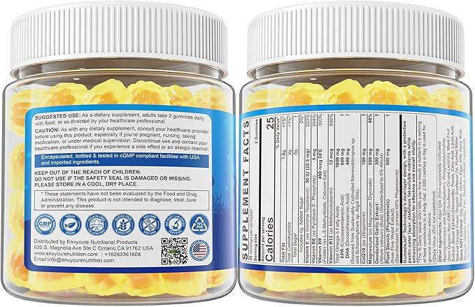 Vegan Omega-3 Gummies 1000mg +CoQ10+Magnesium- EPA 600mg & DHA 400mg, Fish Oil Omega 3 Supplements Alternative for Women Men Adults- Liposomal Form -Algae- Plant Sterols, Garlic,B6,B9, B12, Sugar Free