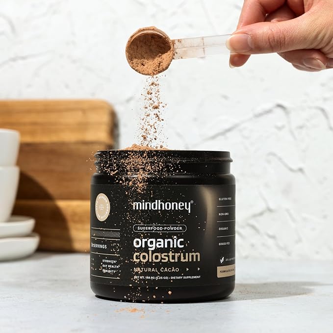 MINDHONEY Organic Colostrum | Premium Cacao Flavored Superfood Powder | Gut Health & Immunity, Skin & Hair, Anti-Aging, Performance & Recovery | Grass-Fed, Pasture-Raised | 30 Servings