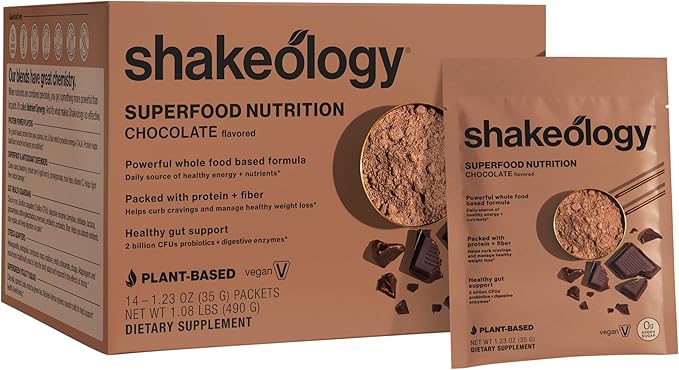 Shakeology 0g Added Sugar Plant-Based Vegan Protein Powder – Gluten-Free Superfood Shake with Vitamins & Minerals – Helps Support Healthy Weight Loss & Gut Health, Chocolate, 14 Individual Packets