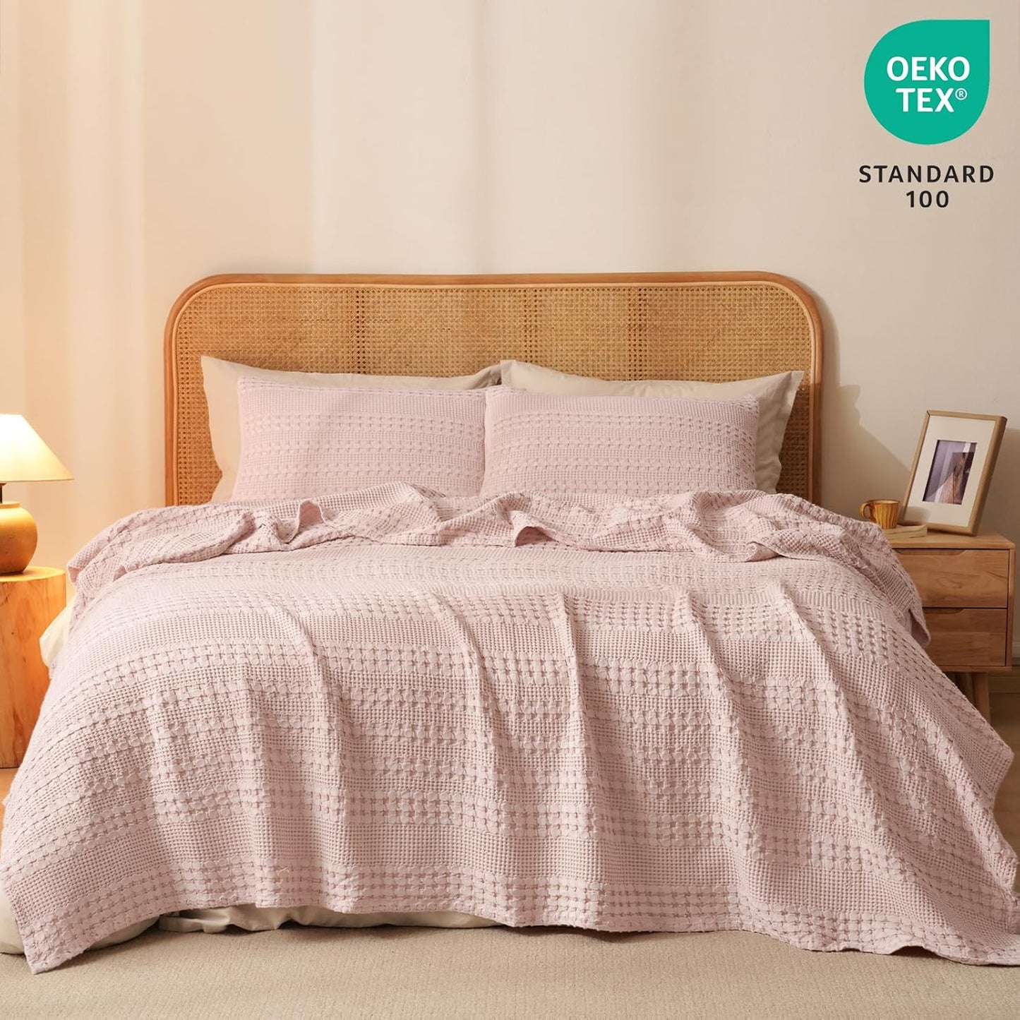 PHF 100% Cotton Waffle Weave Blanket King Size for Bed, Soft Lightweight & Breathable, All-Season Comfort, Luxury Aesthetic Woven Bedding for Home Decor, 108"x90", Pink/Mauve