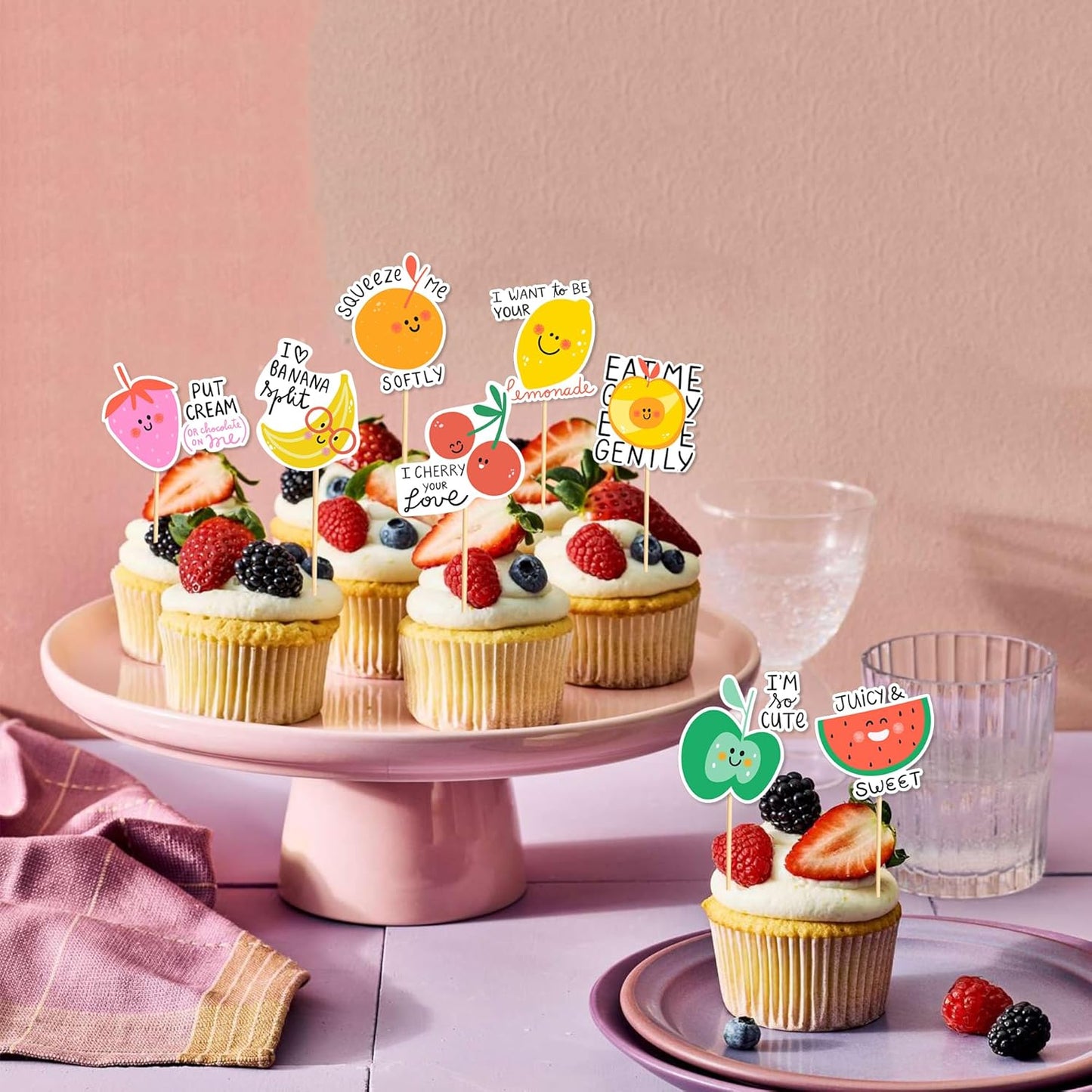 24pcs Tutti Fruity Fruit Cupcake Toppers - Tropical Summers Kids Happy Birthday Cake Toppers - Watermelon, Lemon, Strawberry, Cherry Cake Decorations for Baby Shower Party Decorations