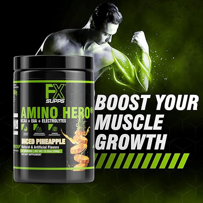 FXSUPPS Amino Hero Diced Pineapple Flavor(25 Servings)|Post-Workout Recovery Drink for Men and Women|Energy Powder Mix with BCAA, EAA, and Electrolytes|Promotes Endurance and Healthy Muscles - 1 Pack