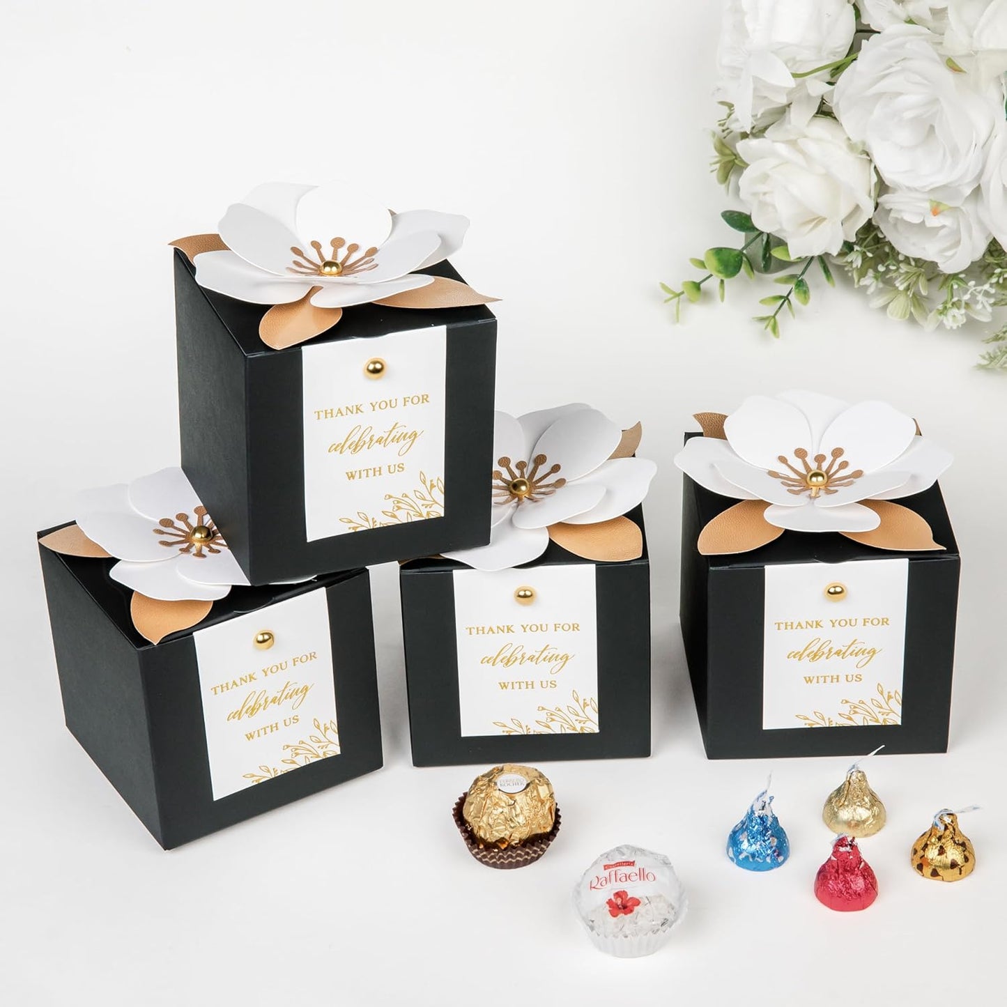 FEIYI 20 PCS Black Gift Boxes, 3 In 1 Favor Boxes with Floral Decor, White Thank You Tags Cupcake Containers Gift wrapping for Wedding, Baby Shower, Birthday, Decorations Party - 3.55x3.55x3.55
