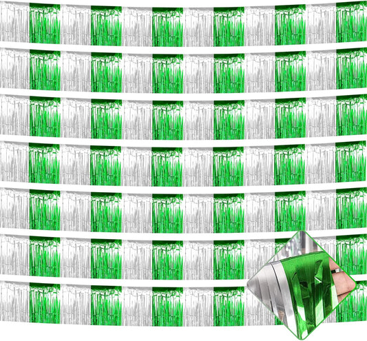 10 Pack 10 Feet Foil Fringe Garland Metallic Tinsel Streamers Banner Wall Hanging Backdrop for Parade Floats, Bachelorette, Wedding, Birthday, Mardi Gras St Patrick Day Party Decorations(Silver Green)