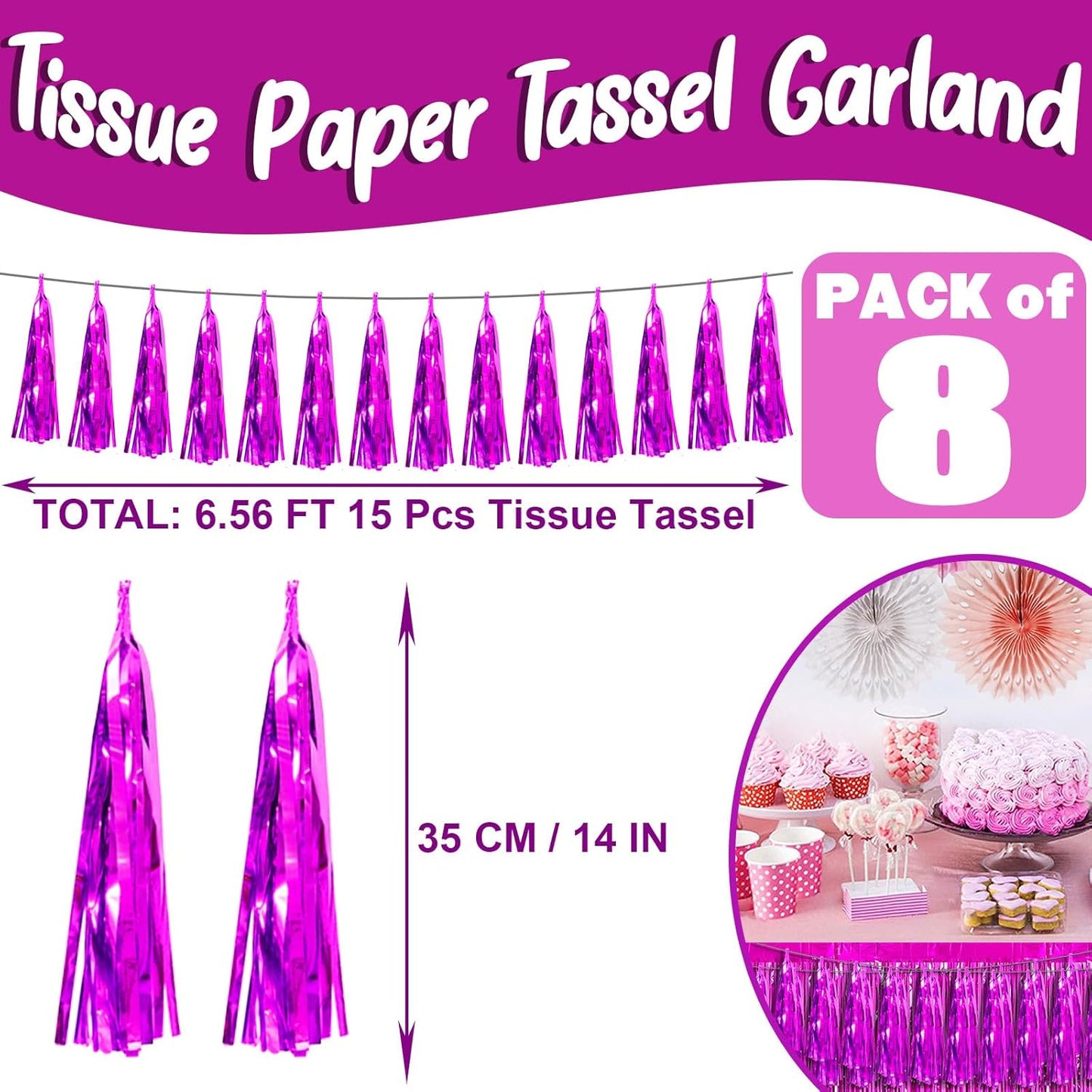 Hysilla Fuchsia Foil Fringe Metallic Tassel Streamers Banner Tassel Garland for Parade Floats, Bachelorette, Wedding, Birthday, Halloween, Christmas, Bridal/Baby Shower Party Decorations