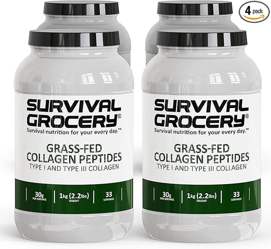 Survival Grocery® Collagen Peptides Powder – Grass Fed Hydrolyzed Collagen Protein Supplement, Types I & III, Unflavored, Gluten Free, Keto Friendly, Non-GMO, Dairy Free, 4kg, 4 Jugs