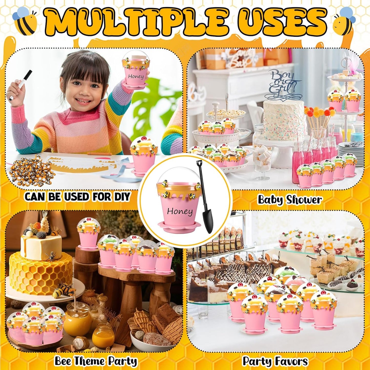 30 Sets Mini Honey Bee Pots with Lids, Spoon, Saucers and Bee Charms, 6.76 OZ Plastic Honey Jars for Cupcake Dessert Themed Party Favor Planter Baby Shower Birthday Wedding Decoration (Pink)