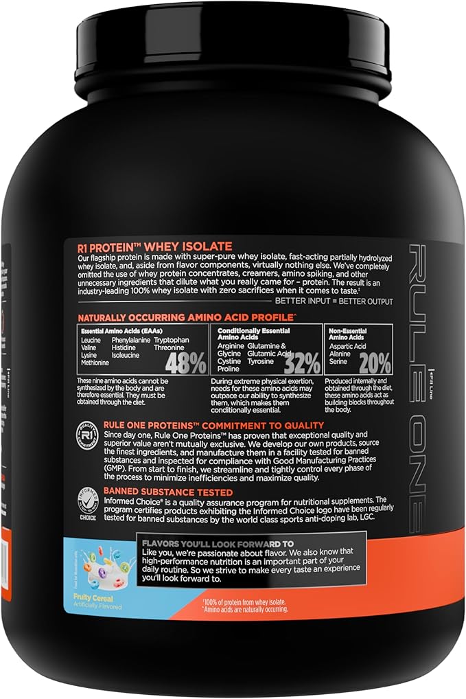 Rule 1 R1 Protein Whey Isolate - with 25g Protein & 6g BCAA Exclusively from Isolated & Hydrolyzed Sources for Workout Recovery (5 Pounds*, Fruity Cereal)