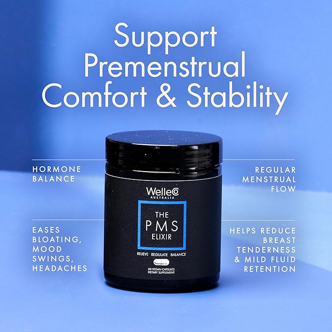 WelleCo The PMS Elixir Premenstrual Support Supplement for Women, Magnesium and Ashwagandha Capsules with Iron, Iodine, Broccoli Sprouts, Vitex, Chromium & B Vitamins, Vegan & Gluten Free, 60 Capsules
