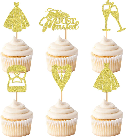 25 Pcs Bride and Groom Cupcake Toppers Wedding Dress Diamond Ring Cupcake Picks Bridal Shower Wedding Engagement Anniversary Party Cake Decorations Supplies golden