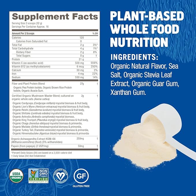 OM MUSHROOM SUPERFOOD Master Blend Plant-Based Protein Powder, 16 Servings, Creamy Vanilla with 10 Mushroom Blend & Adaptogens for Recovery, GLP-1 Support