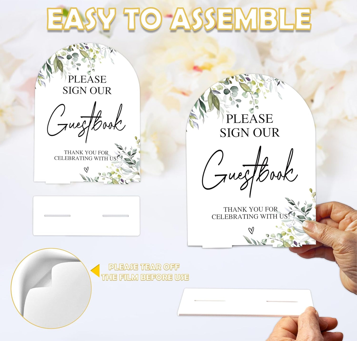 Greenery Please Sign Our Guestbook Sign, 6 x 8 Inch White Arch Acrylic Wedding Sign with Holder, Wedding Sign for Ceremony and Reception, Wedding Decoration, Wedding Supplies - LY02