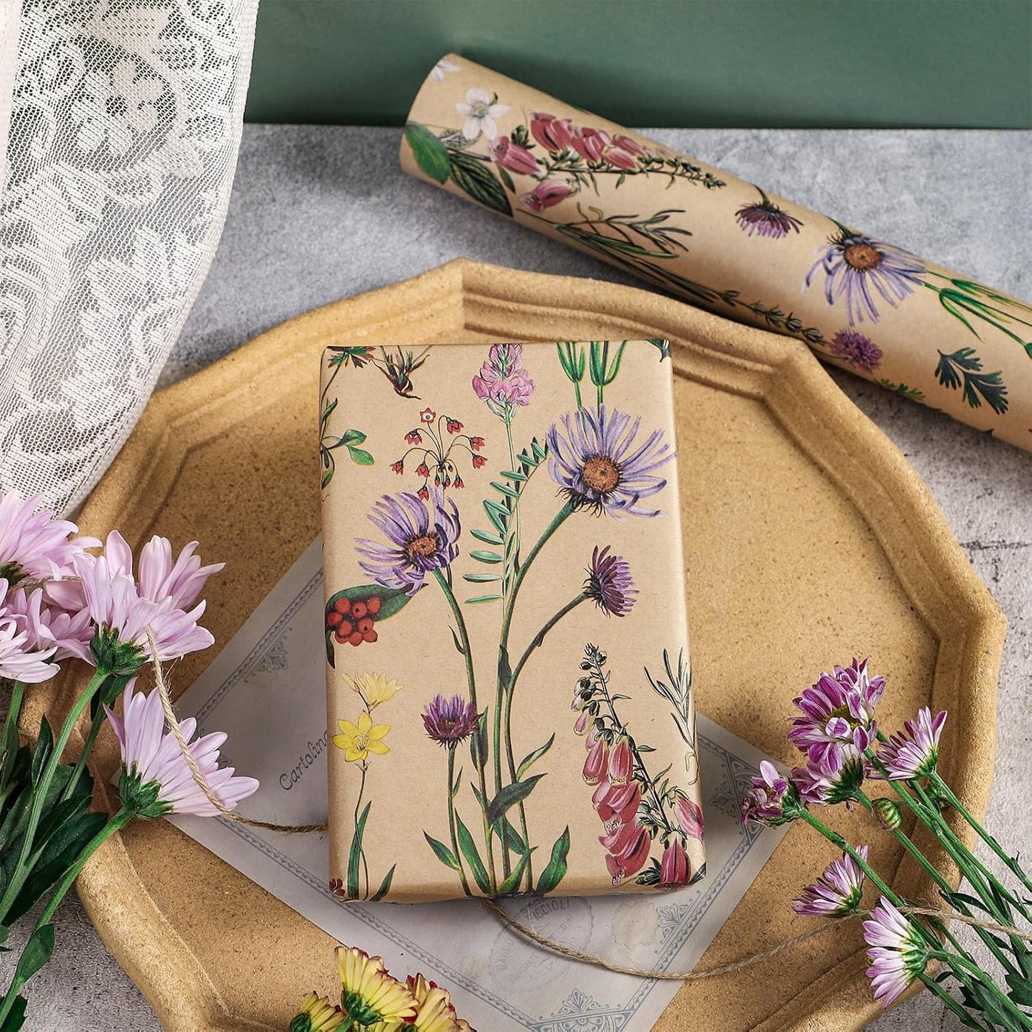 RUSPEPA 30" X 32.8' Wildflower Floral Wrapping Large Kraft Paper Roll for Women, Jumbo Roll, Herbal Kraft Wrapping Paper for Christian Gifts, Birthdays, Weddings, Bridal Shower, Engagement, 82 sq.ft