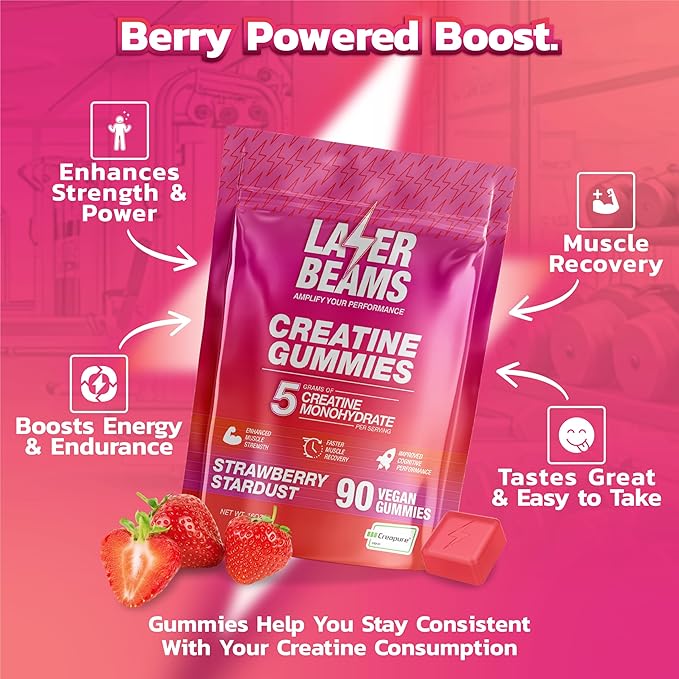 Creatine Monohydrate Gummies - 5g Creapure Creatine per Serving - Vegan - Boost Muscle Strength, Endurance, Recovery & Mental Focus - 90 Gummies, Gluten-Free (Strawberry)