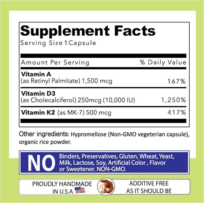 Our Daily Vites ADK 10 Double Strength (10,000 iu) Vitamins A1, D3 & K2 (as MK7) - Physician Formulated Bone & Immune System Support Supplement - Gluten Free, Non-GMO - 90 Vegetarian Capsules