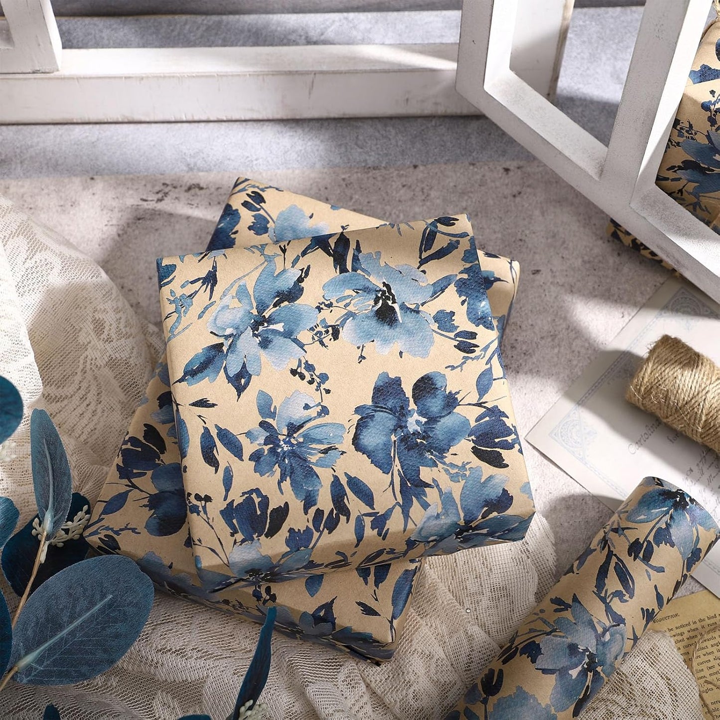RUSPEPA Blue Floral Gift Wrapping Paper, Indigo Gift Wrap, Watercolor Flower Kraft Paper Roll, Mini Roll Wrapping Paper for Girls, Women, Spring and Birthday, 17 in x 32.8 ft
