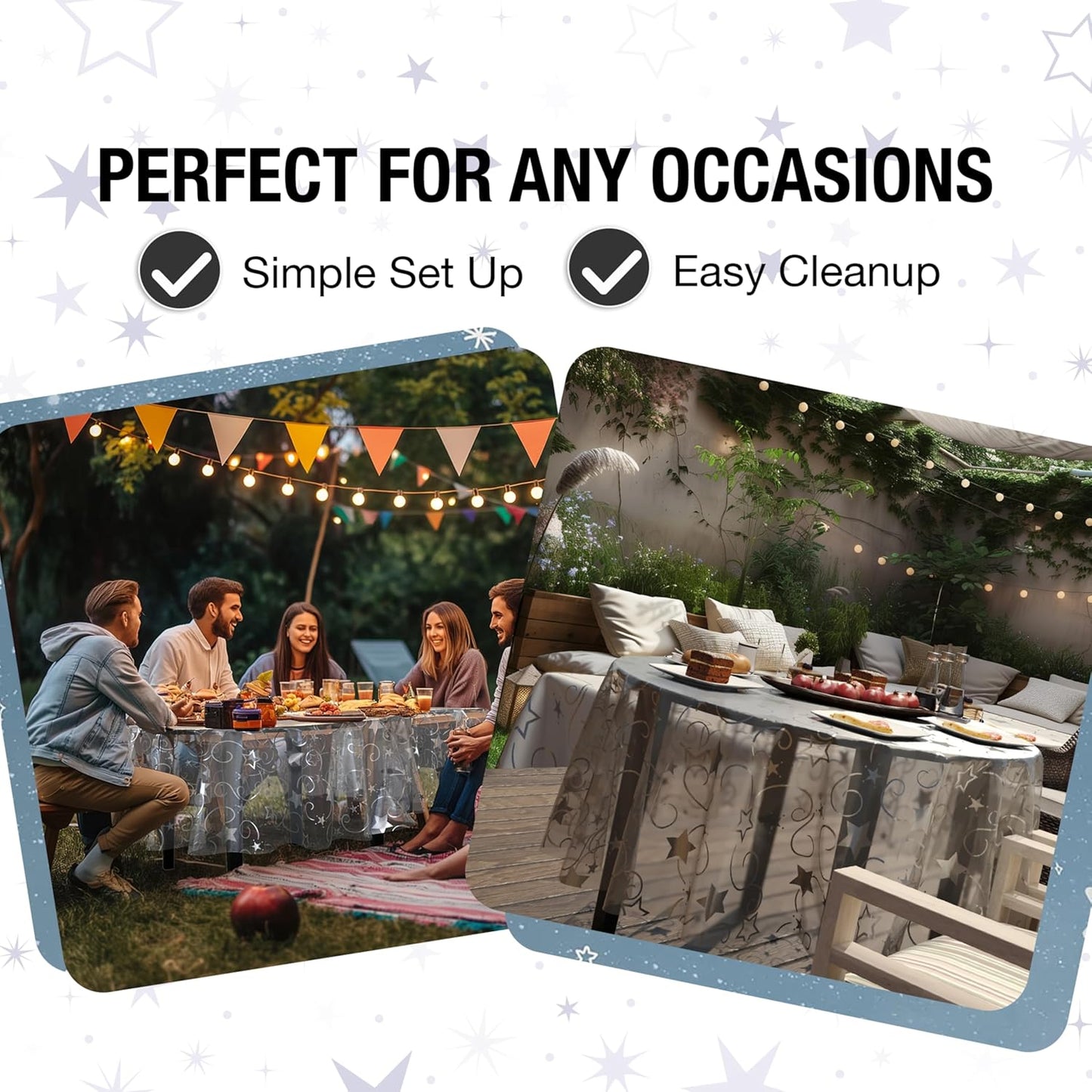 Exquisite Clear Silver Star Tablecloth Plastic 12-Pack Disposable Round Tablecloths 84" Silver Star Table Cloths Round Table Covers Plastic Tablecloth for Party Decorations