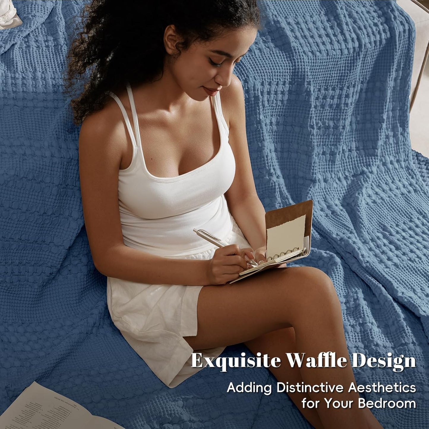 PHF 100% Cotton Waffle Weave Blanket King Size for Bed, Soft Lightweight & Breathable, All-Season Comfort, Luxury Aesthetic Woven Bedding for Home Decor, 108"x90", Captain's Blue