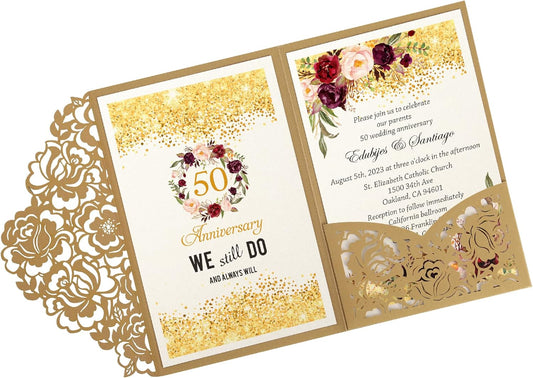 DORIS HOME 50pcs Laser Cut Wedding Invitations with Envelopes Gold, 4.7x7.1 Personalized Invitation Cards for Wedding, 50 Anniversary Invitations with Envelopes