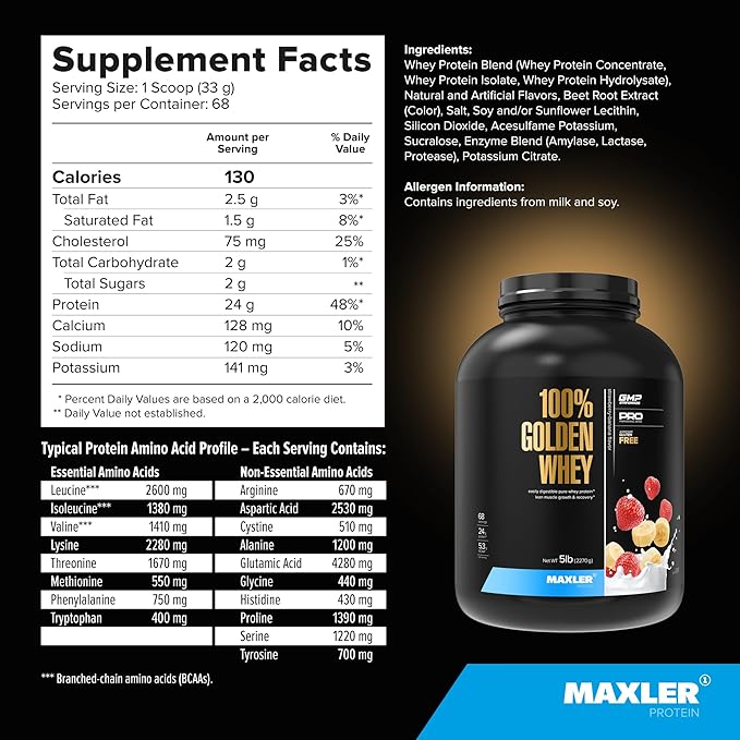 Maxler 100% Golden Whey Protein - 24g of Protein per Serving - Premium Whey Protein Powder for Pre Post Workout - Fast-Absorbing Whey Concentrate, Isolate & Hydrolysate Blend - Strawberry Banana 5 lb