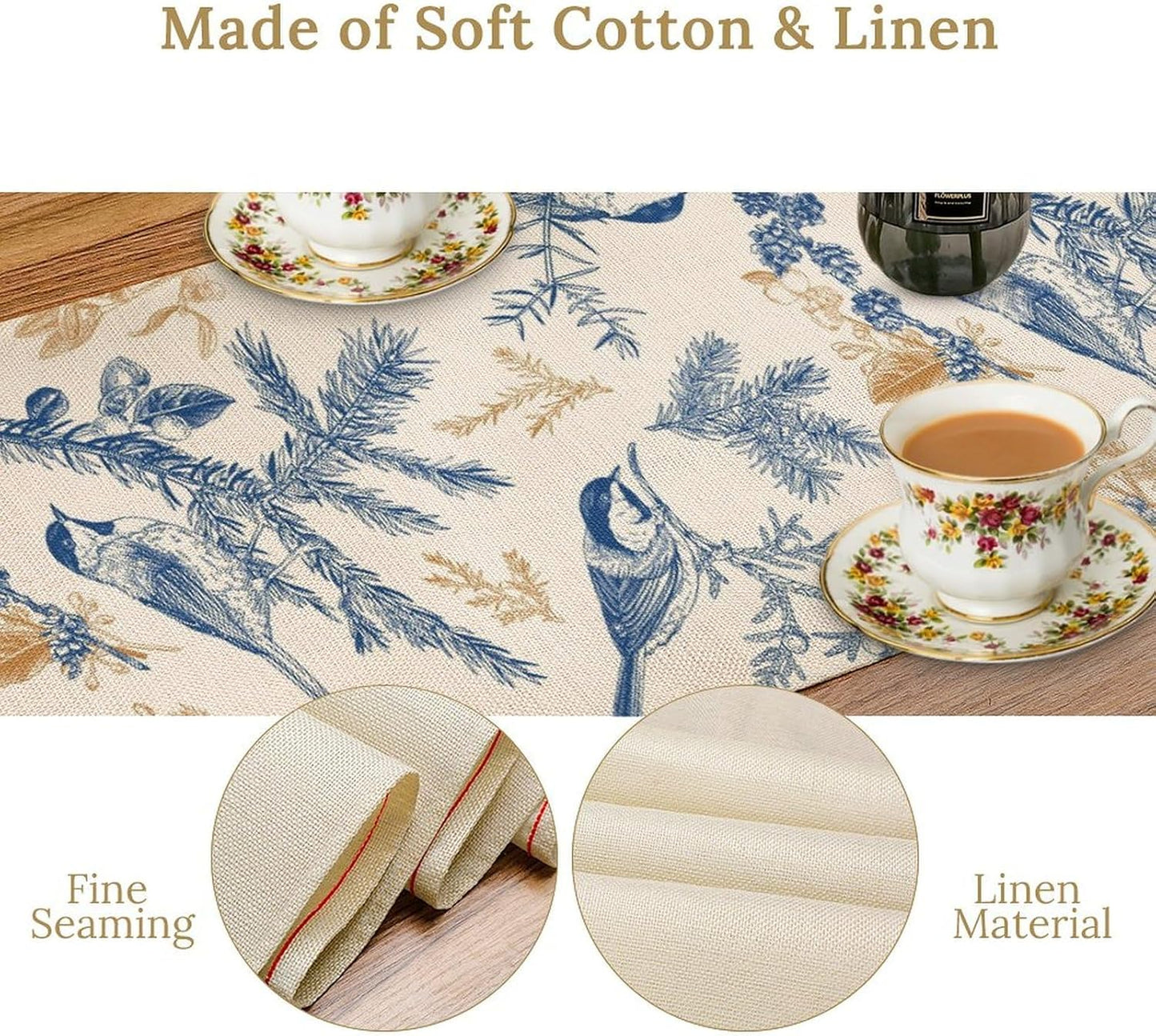 Floral Table Runner,Sketch Birds and Flowers Summer Table Runner Kitchen Dining Table Decoration for Home Party Decor 13x108 Inch