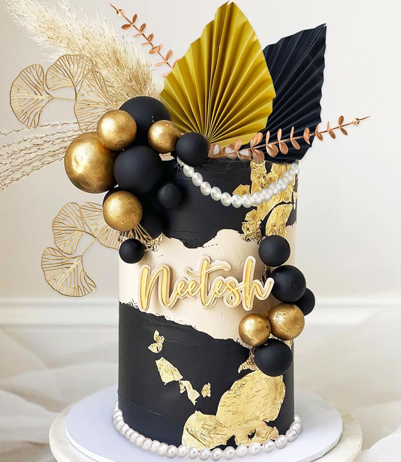 Boho Cake Topper Black Gold Balls Cake Topper Gold Leaves Cake Decoration Prom Cake Decoration Roaring 20s Cake Decoration 1920s Party Supplies