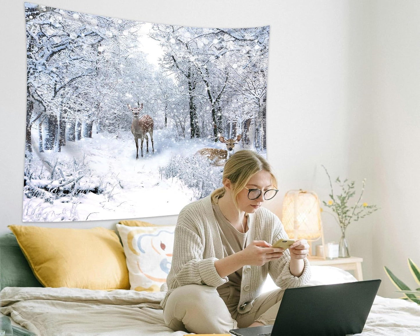 QGHOT Winter Tapestry Wall Hanging, Snow Scene Backdrop Winter Wonderland Wall Decor Snowy Forest Wall Art Nature Woodland Deer Tapestry for Bedroom Room Dorm Party Decoration, Large