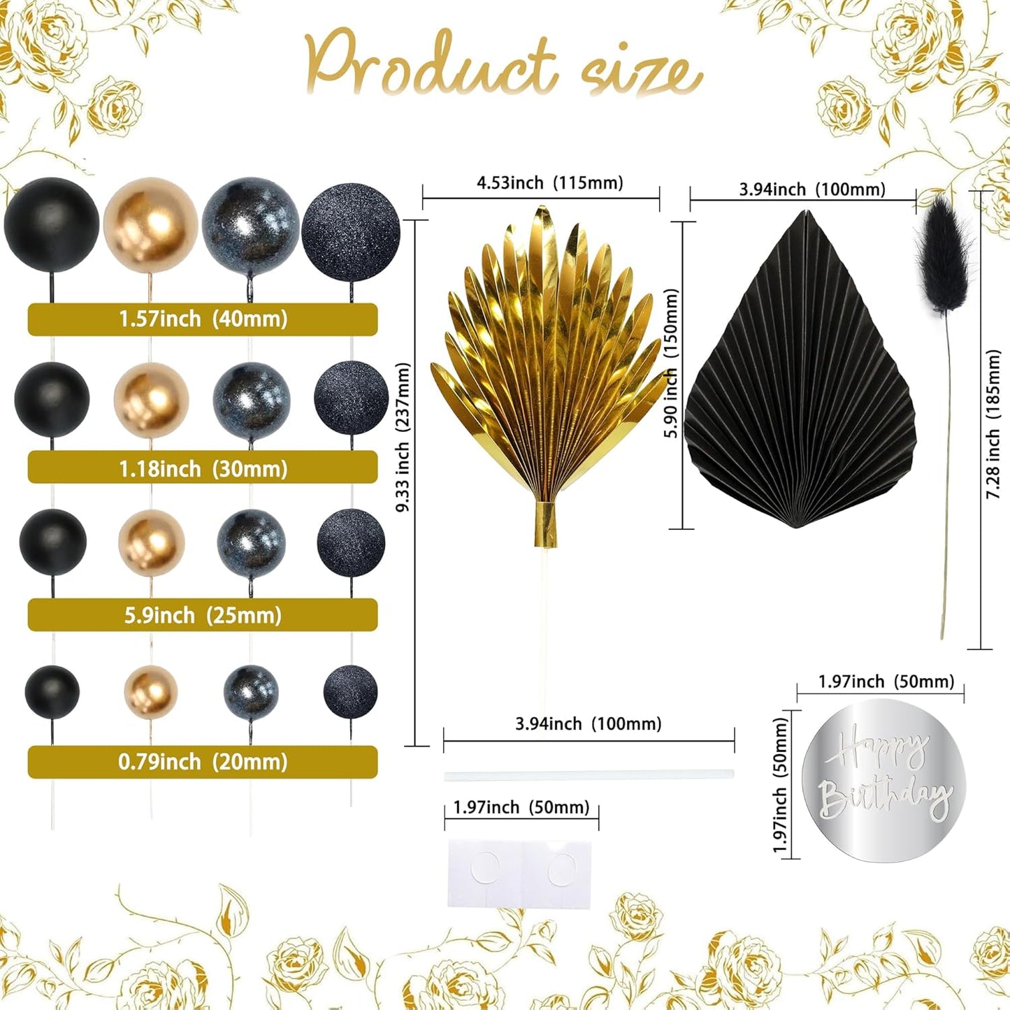 Ephlyn 33 Pack Balls Cake Toppers Boho Palm Leaves Cake Decorations Round Acrylic Happy Birthday Cupcake Toppers for Birthday Wedding Baby Shower Party Supplies Black Gold