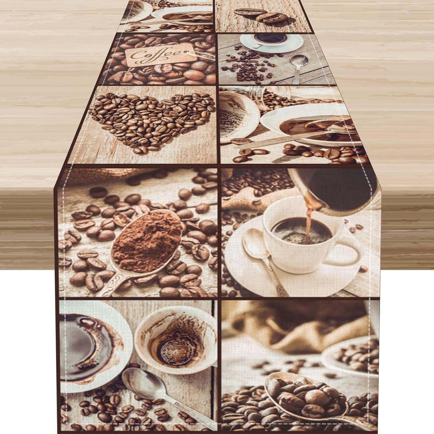 Coffee Theme Table Runner, Rustic Farmhouse Coffee Cup Latte Cappuccino Tea Party Cafe Table Center Decor for Home Kitchen Dining Patio Holiday Party Indoor Outdoor Table Decorations, 13"x90" Inch
