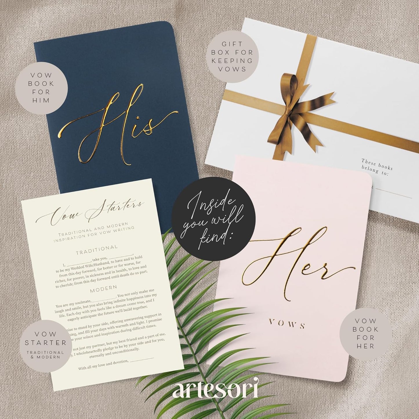 ARTESORI Wedding Vow Book for Her & Him, Soft Touch, Gold Engraving, 28 Lined Pages, Wedding Vow Books His and Hers, Wedding Essentials, Wedding Registry Gifts, His and Hers Gifts [Blush & Navy]