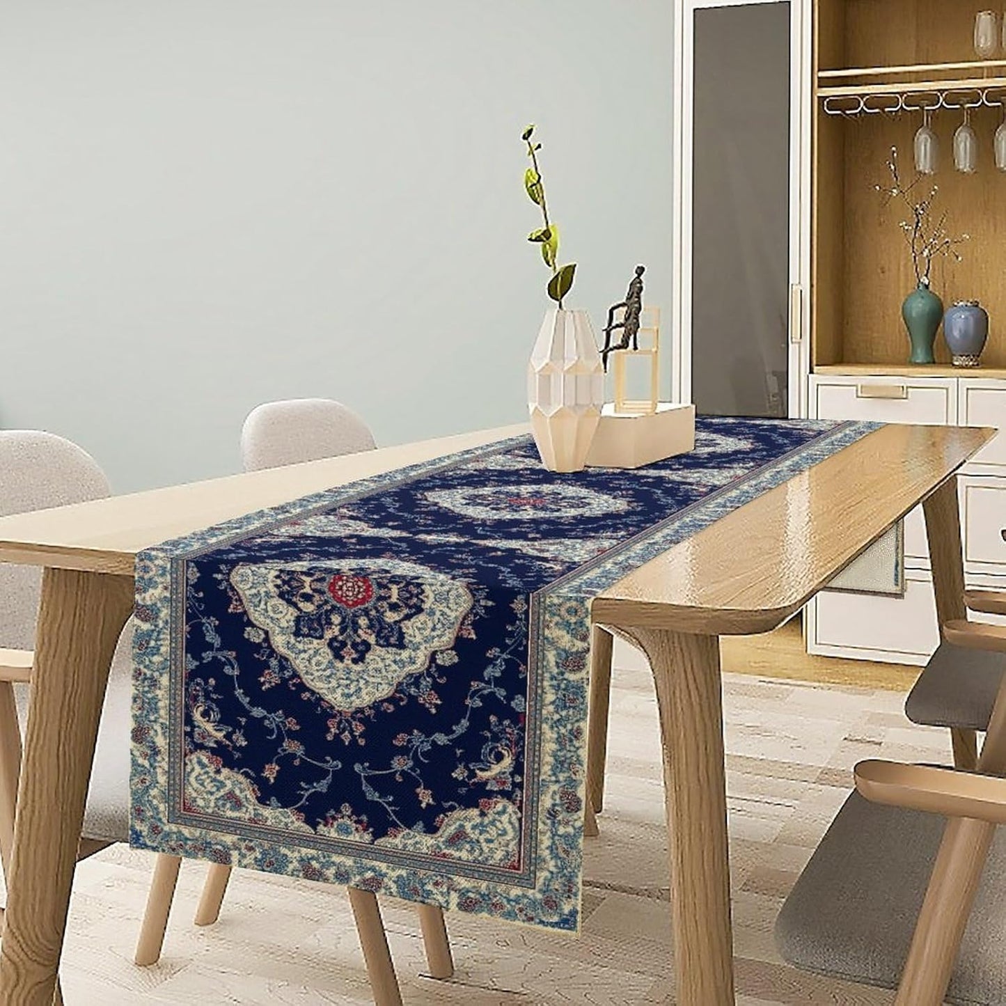 Elegant Palace Boho Blue Table Runner Vintage French Style Farmhouse Geometric Home Farmhouse Kitchen Table Dining Coffee Room Garden Party Wedding Decor 13x36in